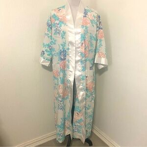 Vintage Apostrophe Maxi Floral Pattern Pink Blue White Robe OS With Tie Belt